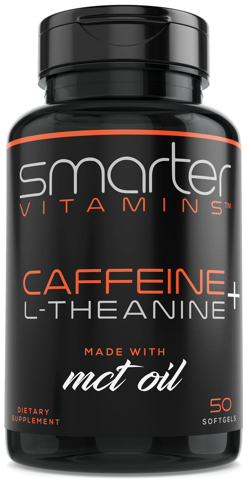 SmarterVitamins 200mg Caffeine Pills - MCT Oil from 100% Coconuts + 100mg L-Theanine, Energy and Focus, Extended Release Capsule, 50 Liquid Softgels - BeesActive Australia