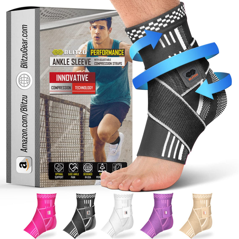BLITZU Ankle Brace With Adjustable Compression Support Strap for Achilles Tendonitis, Joint Pain Relief. Ankle Wrap for Women & Men. Sprained Ankle & Protectors Sleeve Heel Pain, Foot Arch Black M Medium - BeesActive Australia