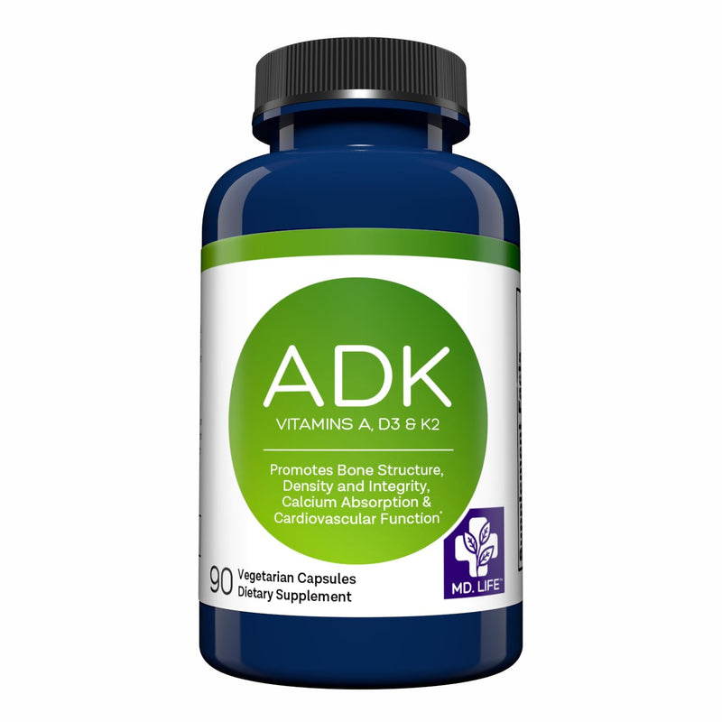 MD. Life ADK Vitamin Supplement, Vitamin D3 K2 and A, 30 Capsules, Non-GMO | High Potency Complex - Bone and Heart Health Support - Doctor Designed - Made in the USA - Gluten Free, Vegetarian 90 Count (Pack of 1)