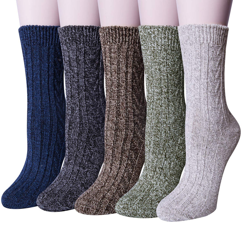 Loritta Pack of 5 Womens Winter Socks Warm Thick Knit Wool Soft Vintage Casual Crew Socks Gifts Large A-navy/Dark Grey/Brown/Green/Light Grey - BeesActive Australia