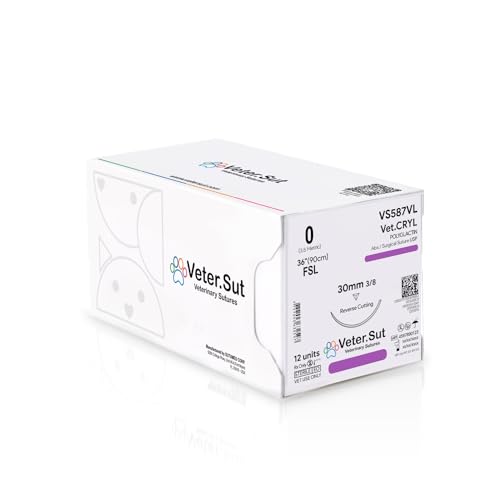 VeterSut VetCRYL Absorbable Polyglactin Surgical Suture USP Size 0, (FSL) 3/8 30mm Reverse Cutting Needle, 36 Inches (90 cm), 12 Count, Veterinary Use