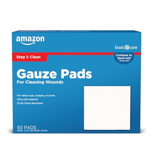 Amazon Basic Care Gauze Pads, 3x3 inches Sterile Medical Wound Dressing Sponges, 12-Ply, Ultra Soft, Extra Absorbent, 50 Count, 1-Pack (Previously All Health) 3x3 Inch (Pack of 1)
