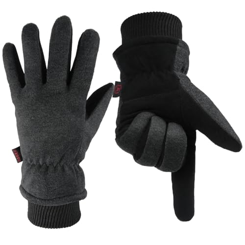 OZERO Mens Winter Gloves,Warm Deerskin Leather Fleece Fabric Gray-black Medium