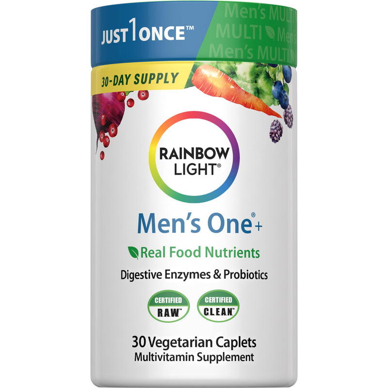 Rainbow Light Mens Multivitamin One + | 30 Caplets | Real Food Nutrients, Digestive Enzymes & Probiotics | Real Food Nutrients, Digestive Enzymes & Probiotics Men's One 30 Count (Pack of 1)