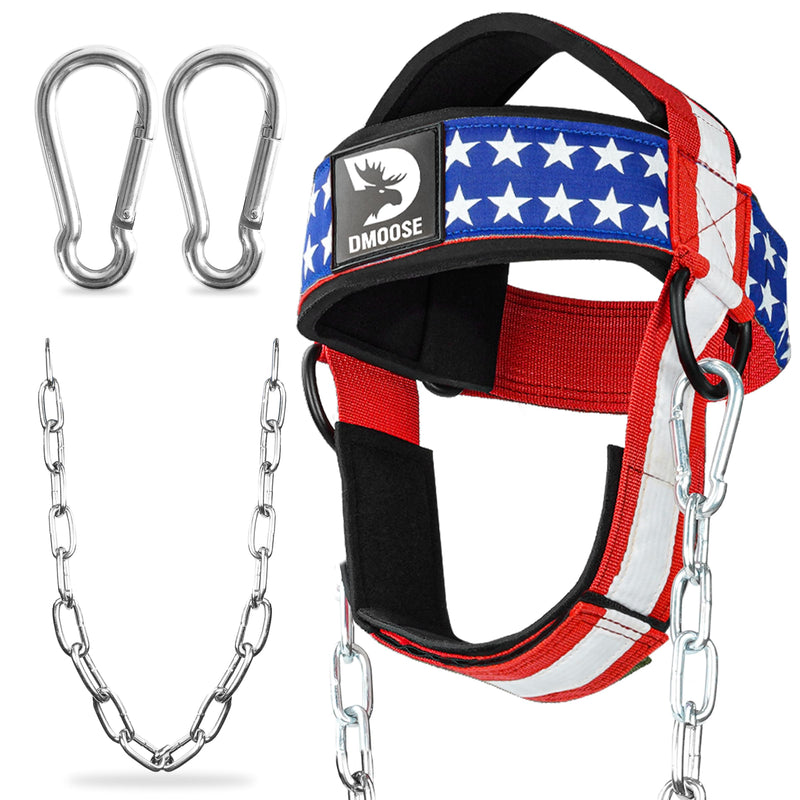 DMoose Fitness Neck Harness for Weight Lifting - Soft Padded Head & Chin Strap with 30" Heavy Duty Steel Chain - Neck Exerciser, Trainer & Strengthener to Support Injury Recovery and Intense Workouts With Support Strap American