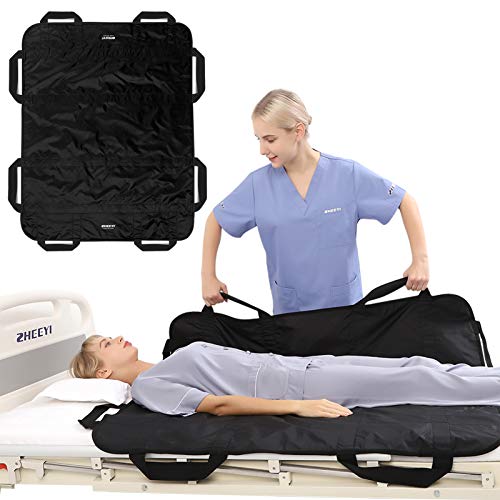 Bed Positioning Pad with Reinforced Handles 48" x 40" Lifting Turning Patient Sheet Transfer Blanket for Caregiver, Bedridden, Elderly, Black 2-black