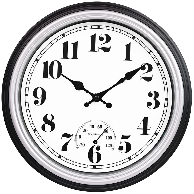 45Min 12 Inch Indoor/Outdoor Retro Round Waterproof Wall Clock with Thermometer, Silent Non Ticking Battery Operated Quality Quartz Wall Clock Home/Patio Decor(Silver F) 12'' Silver F - BeesActive Australia
