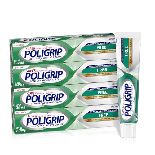Poligrip Free Denture Adhesive Cream, Strong All-Day Hold, 2.4 oz (4 Pack) 2.4 Ounce (Pack of 4)