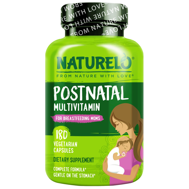 NATURELO Postnatal Multivitamin, Postnatal Vitamins, 180 Capsules | For breastfeeding women, plant-based vitamin D, folate, gentle iron, post natal lactation support, breastfeeding supplement 180 Count (Pack of 1)
