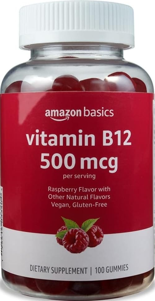Amazon Basics Vitamin B12 500 mcg Gummies for Energy Production, Metabolism and Immune System Support, Raspberry Flavor, 100 Count 100 Count (Pack of 1)