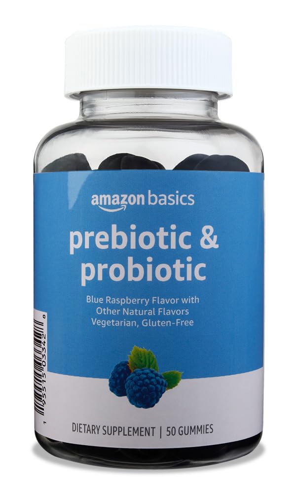 Amazon Brand - Solimo Prebiotic & Probiotic Gummies, 2 Billion CFU, Blue Raspberry, 50 Count (2 per Serving) 50 Count (Pack of 1)