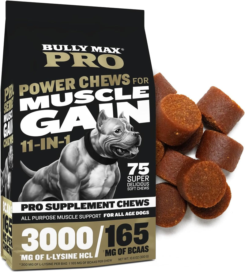 Bully Max 11-in-1 Muscle Gain Power Chews - High Protein Dog Supplement with Amino Acids - Healthy Treats for Puppy & Adult Dogs - Premium Muscle Builder for All Breeds - 75 Tasty Soft Dog Chews - BeesActive Australia