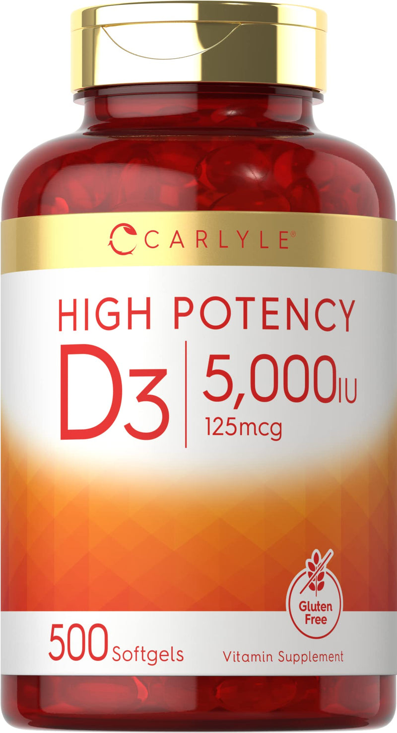 Carlyle Vitamin D3 5000 IU Softgels | 500 Count | Value Size | Non-GMO and Gluten Free Supplement | High Potency Formula | 125mcg 500 Count (Pack of 1) - BeesActive Australia