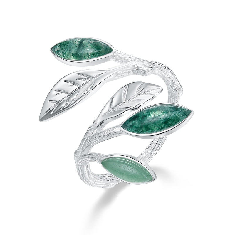 Lotus Fun 925 Sterling Silver Marquise Shape Jade Aventurine Open Leaf Rings Olive Leaf Rings Handmade Jewelry Unique Gifts for Women Mother Mom Wife Girls - BeesActive Australia