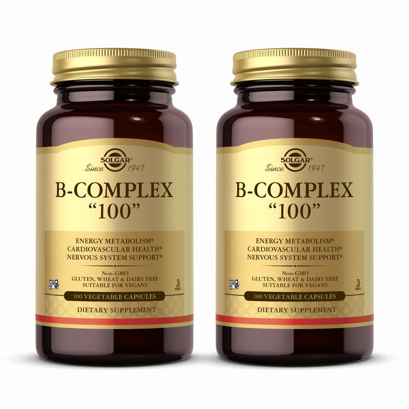 Solgar B-Complex "100" - 100 Vegetable Capsules, Pack of 2 - Energy Metabolism, Cardiovascular Health, Nervous System Support - Non-GMO, Vegan, Gluten Free - 200 Total Servings Unflavored 100 Count (Pack of 2)