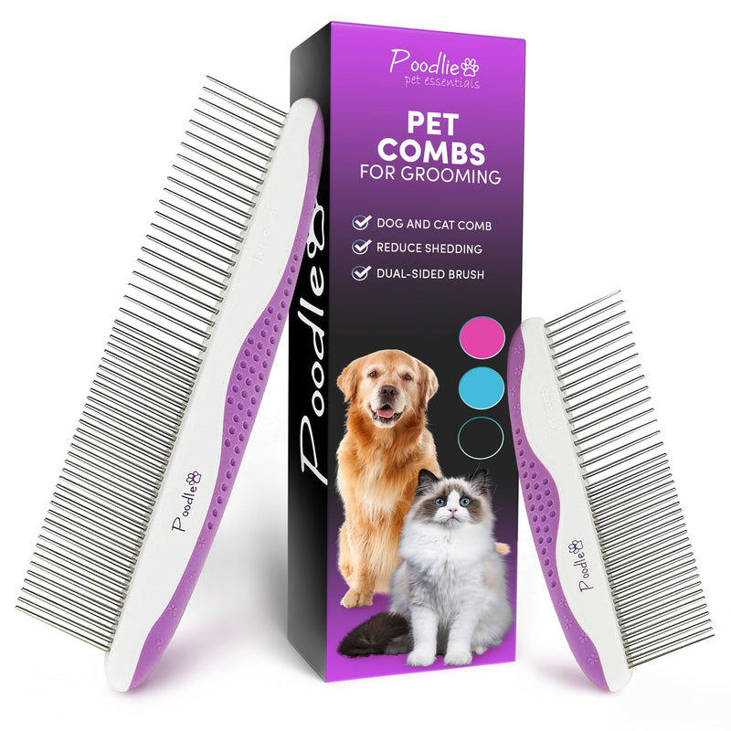 Poodle Pet Dog Combs for Grooming | 2 Pack | Stainless Steel Teeth Easily Remove Dirt | Proper Care Prevents Knots and Mats for Long and Short Haired Pets |Anti-Slip Comfort Grip Handle| Purple - BeesActive Australia