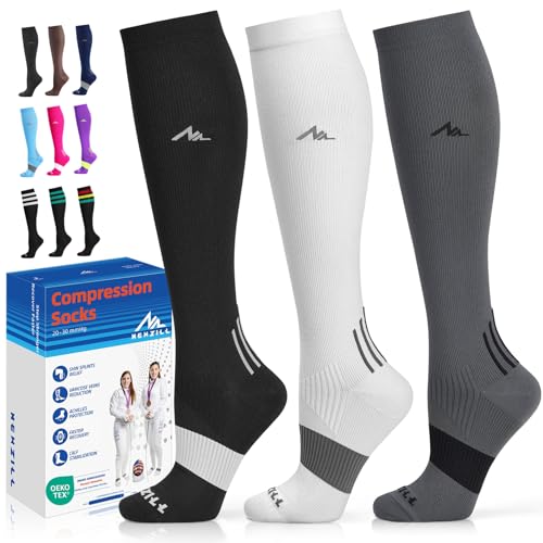 NEWZILL Compression Socks for Women & Men, 20-30 mmHg for Sports & Travel Large-X-Large 03-[3-pairs] Black/White/Gray
