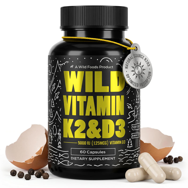 Wild Foods Vitamin D3 + K2 5000iu (100mcg MK7), Bone & Heart Health, 60 Ct | With Black Pepper Extract for Absorption, Plant-Based, Non-GMO, Soy & Gluten-Free, Worldwide Sourced 60 Count (Pack of 1)