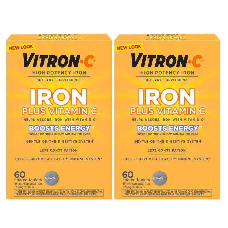 Vitron-C Iron Supplement, Once Daily, High Potency Iron Plus Vitamin C, Support Red Blood Cell Production, Dye Free Tablets, 60 Count, 2 Pack 60 Count (Pack of 2)