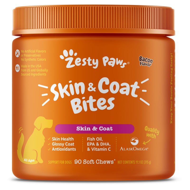 Zesty Paws Omega 3 Fish Oil for Dogs Soft Chews - Fish Oil Omega 3 Supplements for Dogs with EPA & DHA Fatty Acids - Dog Itching Skin Relief Chews - Dog Skin and Coat Supplement - Bacon - 90ct 90 Count - BeesActive Australia