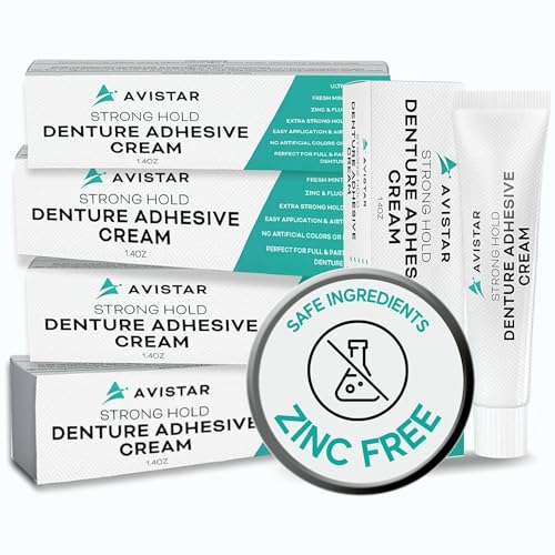 Extra Strong Denture Adhesive Cream, 12 Hour Hold Dental Glue, Waterproof, Zinc & Fluoride Free, Easy Apply Nozzle, Seals Food Out for Comfort, Mint Flavor (5 Pack, 7 Fl Oz) 5 Pack