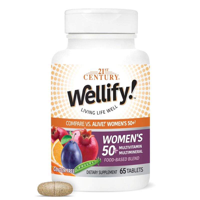 21st Century Wellify Women's 50+ Multivitamin with Minerals, 65 Count | Women's 50 Plus Daily Multivitamin with Minerals & A Food-Based Blend, Compare VS. Alive!® Women's 50+, Energy, Immunity Unflavored 65 Count (Pack of 1)
