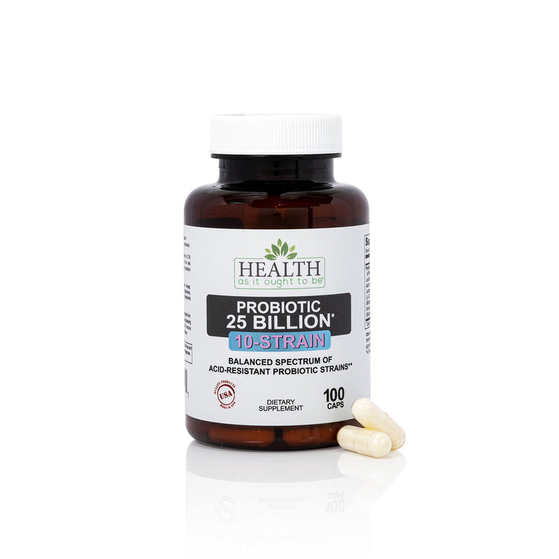 Health As It Ought To Be Probiotic (10 Strain) 25 Billion CFUs Supplement | Physician Formulated Balanced Spectrum of Acid|Resistant Probiotic Strains | 100 Veggie Caps | Ten acid-resistant strains help maintain microbial balance, digestive function, i...