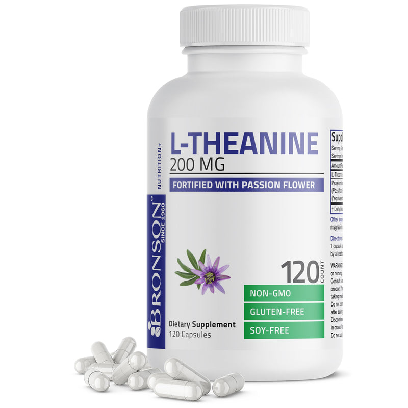 Bronson L-Theanine 200 mg with Passion Flower, Stress Support, 120 Capsules | Promotes Relaxation Without Drowsiness, Supports Healthy Mood, Non-GMO, Gluten-Free & Soy-Free 120 Count (Pack of 1)
