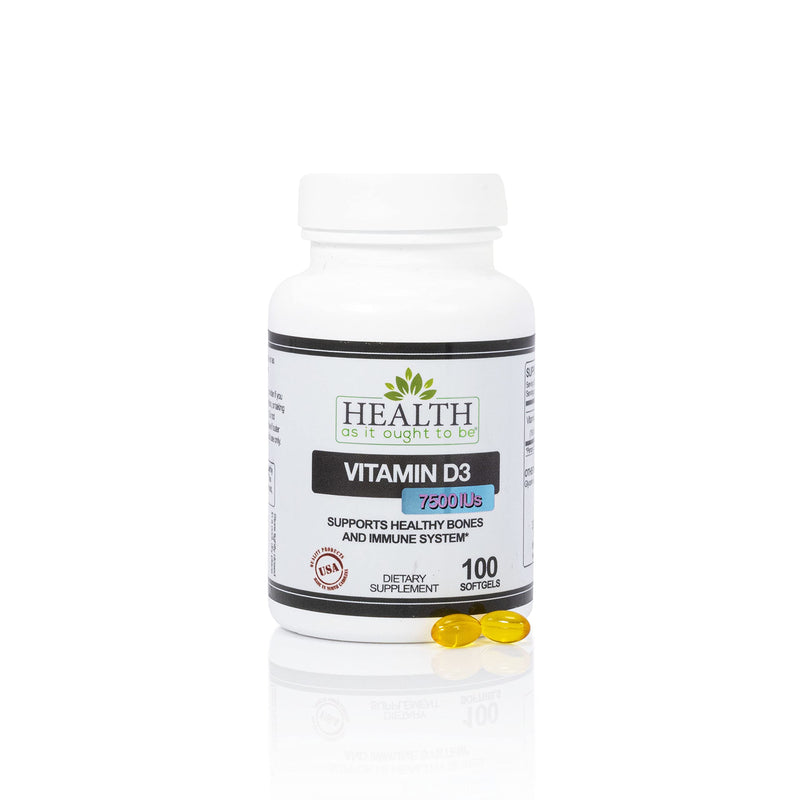 Health As It Ought To Be Vitamin D3 188mcg Bone & Immune | 100 Softgels | High-potency formula supports immune wellness, bone strength, normal calcium absorption, muscle function and healthy aging Vitamin D-3 7500 Ius - 100 Softgels