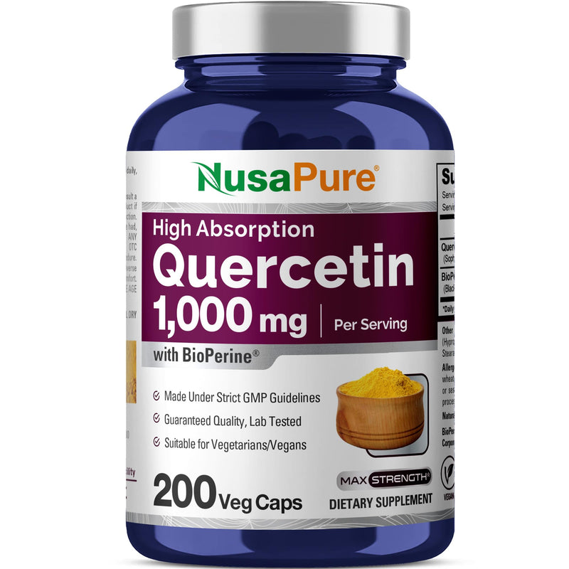 NusaPure Quercetin, Non-GMO, Vegan, 1000mg, 200 Veg Capsules - 100 Servings | Plant Based Formula, Sophora Japonica & BioPerine, Suitable for Adults, Manufactured in cGMP Registered Facility USA