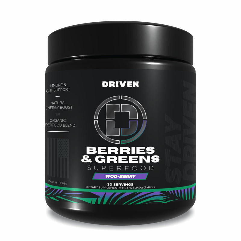 Driven B&G Berries & Greens Superfood Powder, 30 Servings - Organic Plant-Based Formula with Probiotics & Digestive Enzymes -Supports Recovery, Healthy Digestion, and Immune Function WOD-Berry