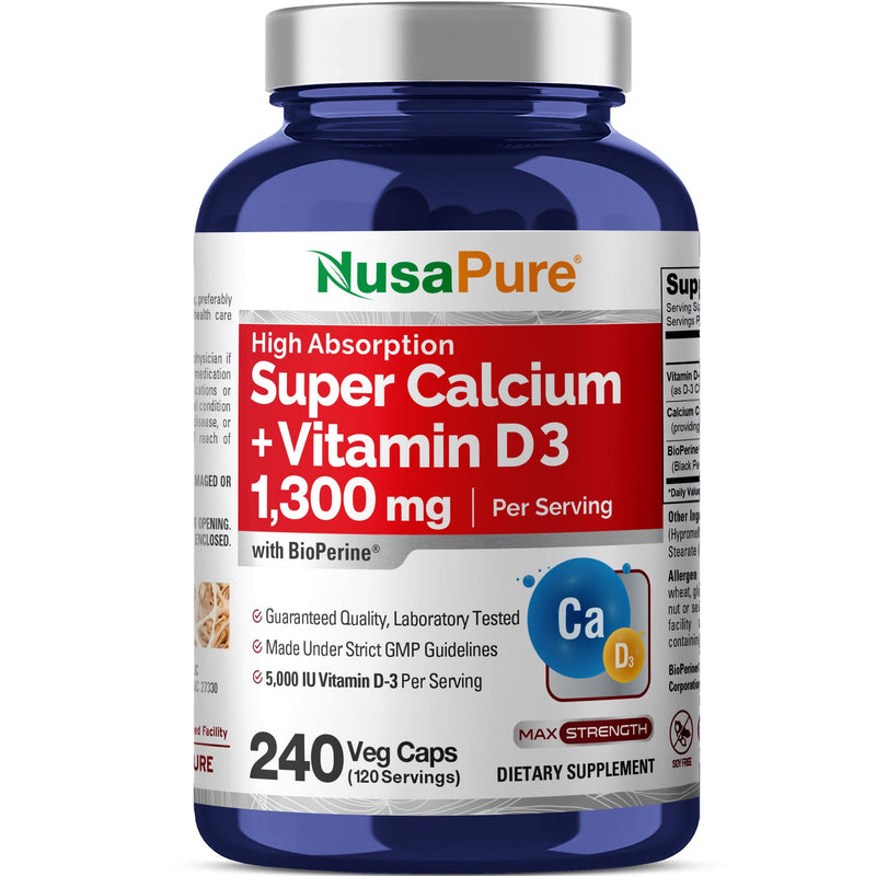Super Calcium with Vitamin D3 Non GMO 1300 mg 240 Veg Capsules -120 Serves | Calcium Citrate Complex, Supports Nutritional Supplementation,Vegan, Manufactured in USA cGMP registered facility