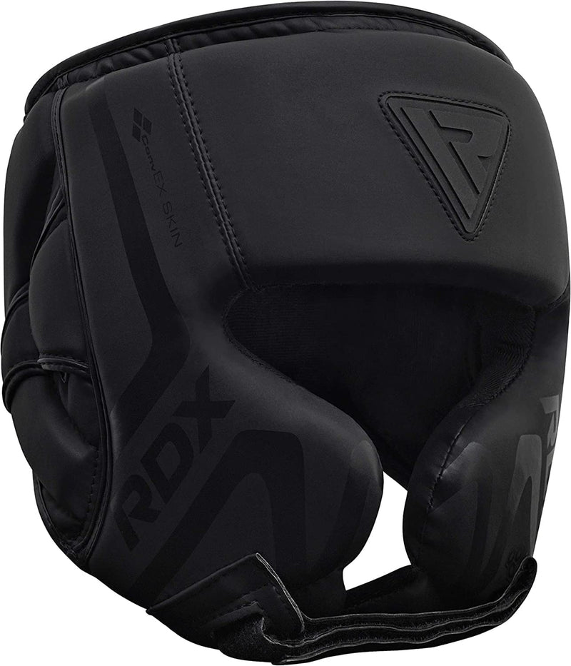 RDX Boxing Headgear Sparring Grappling, Maya Hide Leather, Head Gear for MMA Muay Thai Kickboxing Training, Multi Layered Padding, Taekwondo Martial Arts BJJ Wrestling Karate, Black Matte Black Small