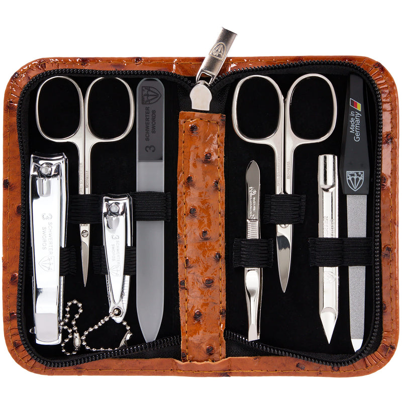 3 Swords Germany - brand quality 8 piece manicure pedicure grooming kit set synthetic leather case ostrich cognac - Made in Germany OSTRICH BROWN