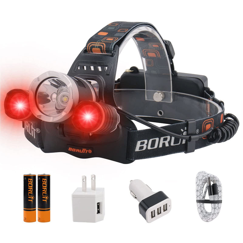 BORUIT RJ-3000 Rechargeabe LED Headlamp Super Bright with Red Light, 3 Modes Super Bright USB Head Lamp IPX4 Waterproof Headlight for Adults USB Outdoor Fishing Camping