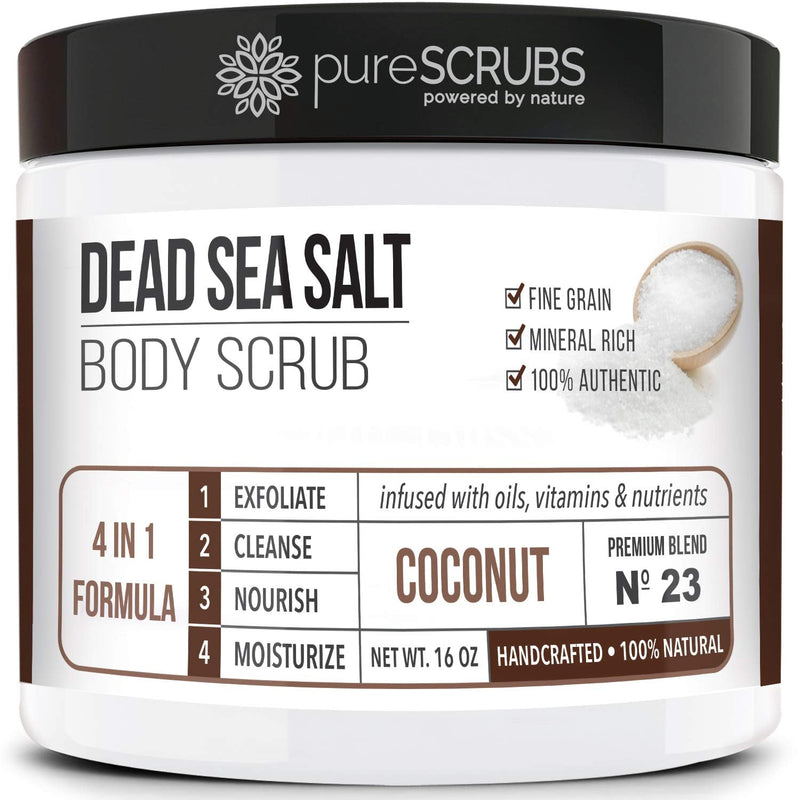 pureSCRUBS Premium Organic Body Scrub Set - INCLUDES spoon, loofah & soap - Large 16oz COCONUT BODY SCRUB Dead Sea Salt Infused Organic Essential Oils & Nutrients - BeesActive Australia