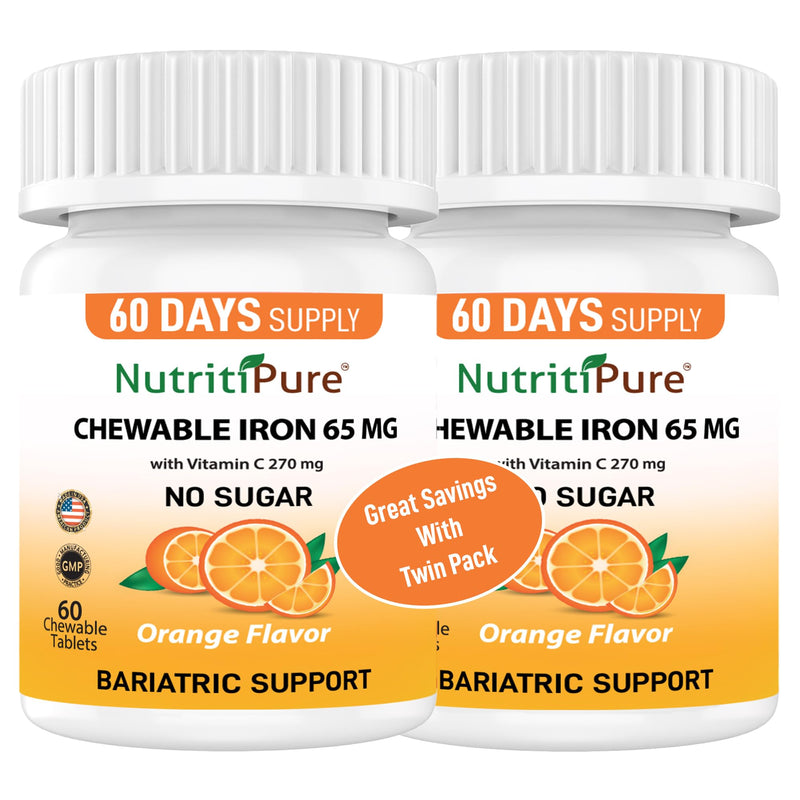 Chewable Iron 65 mg with Vitamin C, Sugar-Free – NutritiPure, 2-Pack 120ct | Bariatric-Friendly, 65mg Ferronyl Carbonyl Iron, 270mg Vitamin C, Orange Flavor, Non-GMO, GMP Certified, 120-Day Supply
