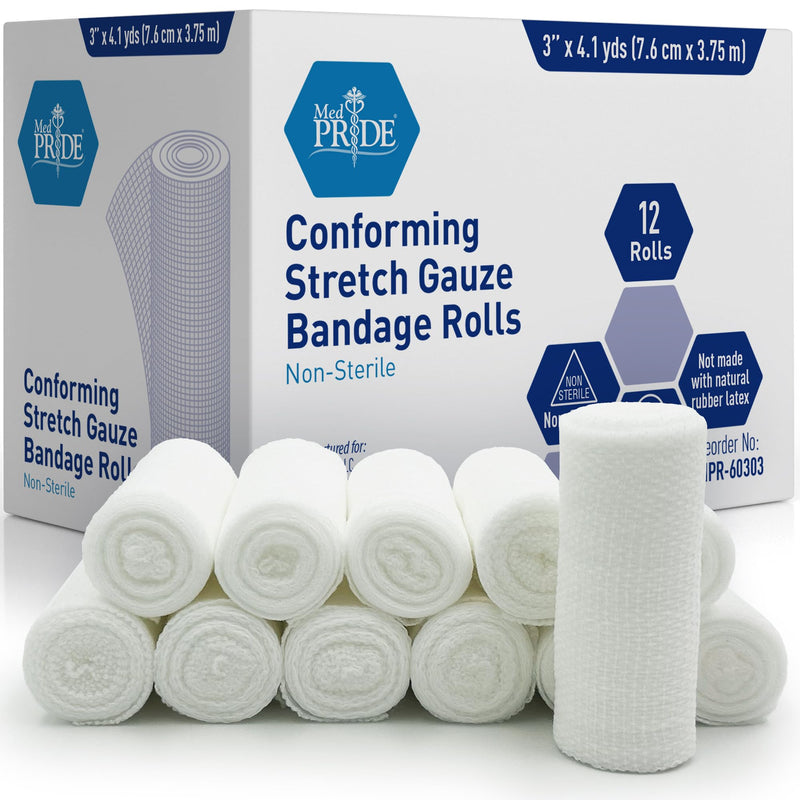 MED PRIDE Conforming Gauze Rolls First Aid Rolled Stretch Bandages for Wounds & Injuries – Disposable Nonsterile Body Wrap Dressing for The Knee, Ankle, Hands, Wrist, White (3''x 4.1 yd) - BeesActive Australia