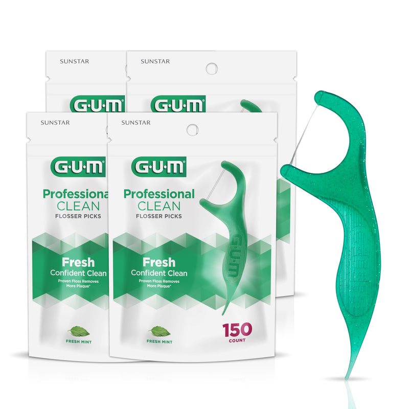 GUM Professional Clean Floss Picks - Extra Strong Shred-Resistant Floss, Easy Grip Handle - Dental Flossers for Adults - Fresh Mint Flavor, 150ct (Pack of 4) 600 Count - BeesActive Australia