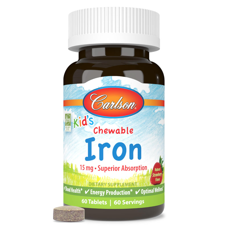 Carlson - Kid's Chewable Iron, 15 mg, Superior Absorption, Blood Health, Energy Production & Optimal Wellness, Natural Strawberry Flavor, 60 Tablets 60 Count (Pack of 1) - BeesActive Australia