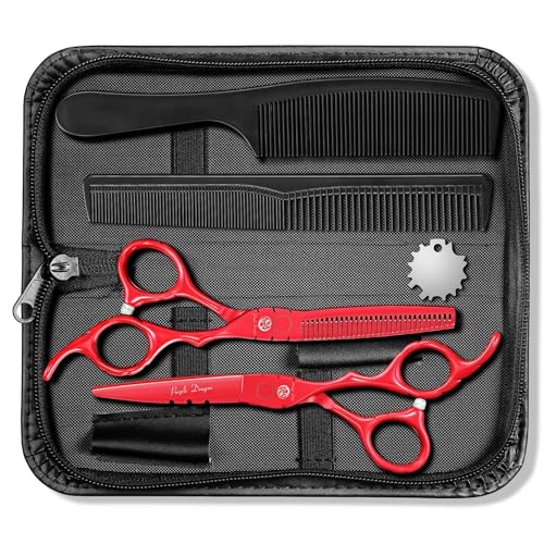 Purple Dragon 6 inch Hair Cutting Scissors Set with Bag for Barbers - Red 6 inches