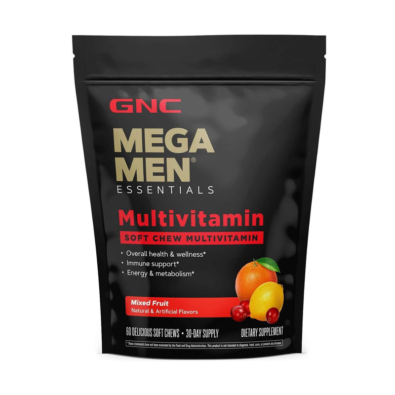 GNC Mega Men Soft Chew Multivitamin for Men | Energy & Metabolism Support | Gluten Free | Mixed Fruit | 60 Count | Supports Immune Health, Provides B Vitamins for Energy Production, Supports Carbohydrate Metabolism, Gluten-Free