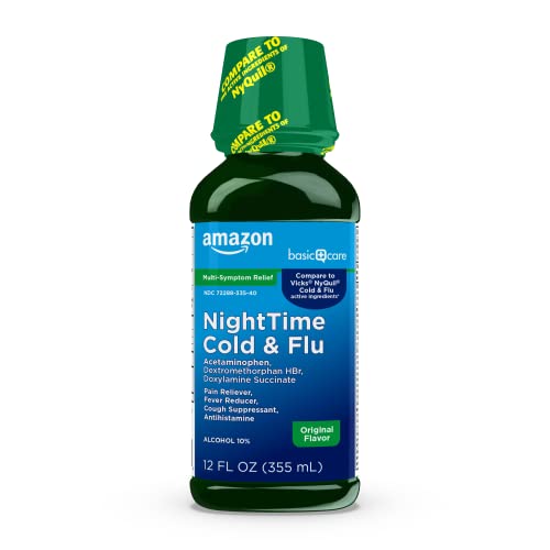 Amazon Basics Nighttime Cold and Flu Medicine, Maximum Strength, Original Flavor Liquid, Multi-Symptom Relief, 12 fl oz (Pack of 1) (Previously Care)