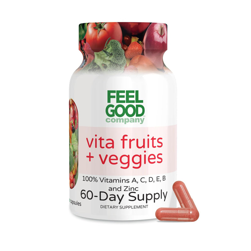 FEEL GOOD Superfoods Vita Fruits and Veggies Capsules - 25 Superfood Ingredients, Fruit and Vegetable Multivitamin, 60 Count - for Men and Women - Vitamins A, C, D, E, B and Zinc Vita - 60 Count