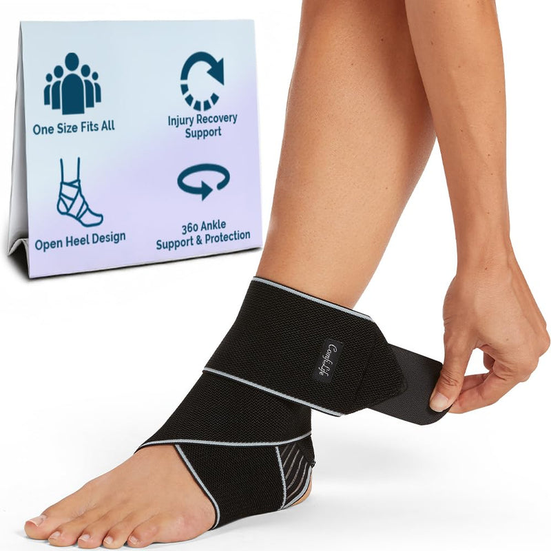 ComfiLife Ankle Brace for Men & Women, Orthopedic Brace - Adjustable Compression Wrap, Ankle Sleeve for Plantar Fasciitis, Tendinitis, Sprain, Swelling, Minor Sprains, Sports, Breathable, One Size Standard Black - BeesActive Australia
