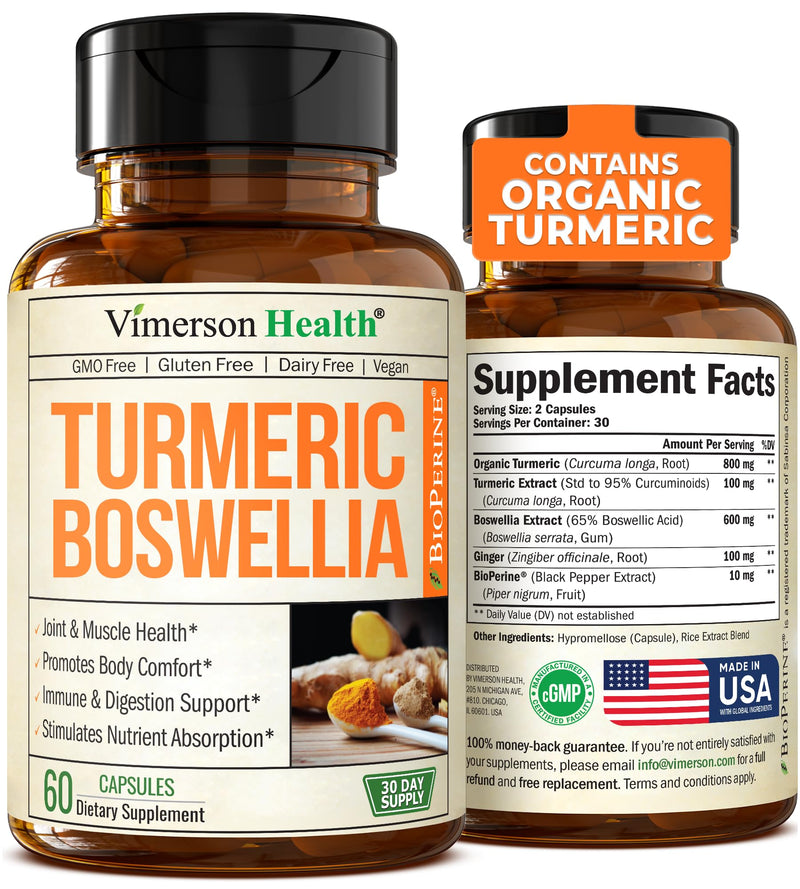 Turmeric Curcumin Supplement with Boswellia Serrata Extract, Organic Turmeric, Ginger and Black Pepper. Joint Support Supplement - High Absorption Tumeric 95% Curcuminoids. Digestive & Immune Support 60 Count (Pack of 1) - BeesActive Australia
