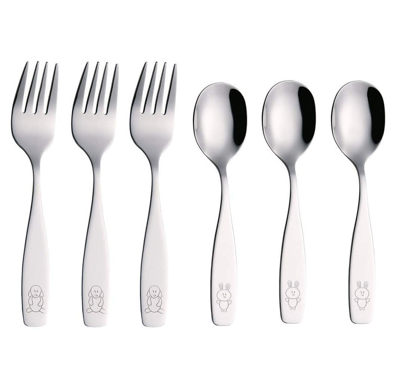 ANNOVA Kids Silverware 6 Pieces Children's Safe Flatware Set Stainless Steel - 3 x Forks, 3 x Children Dinner Spoons, Toddler Utensils, Metal Cutlery Set for LunchBox (Engraved Dog Bunny) WF850-S6FS - BeesActive Australia