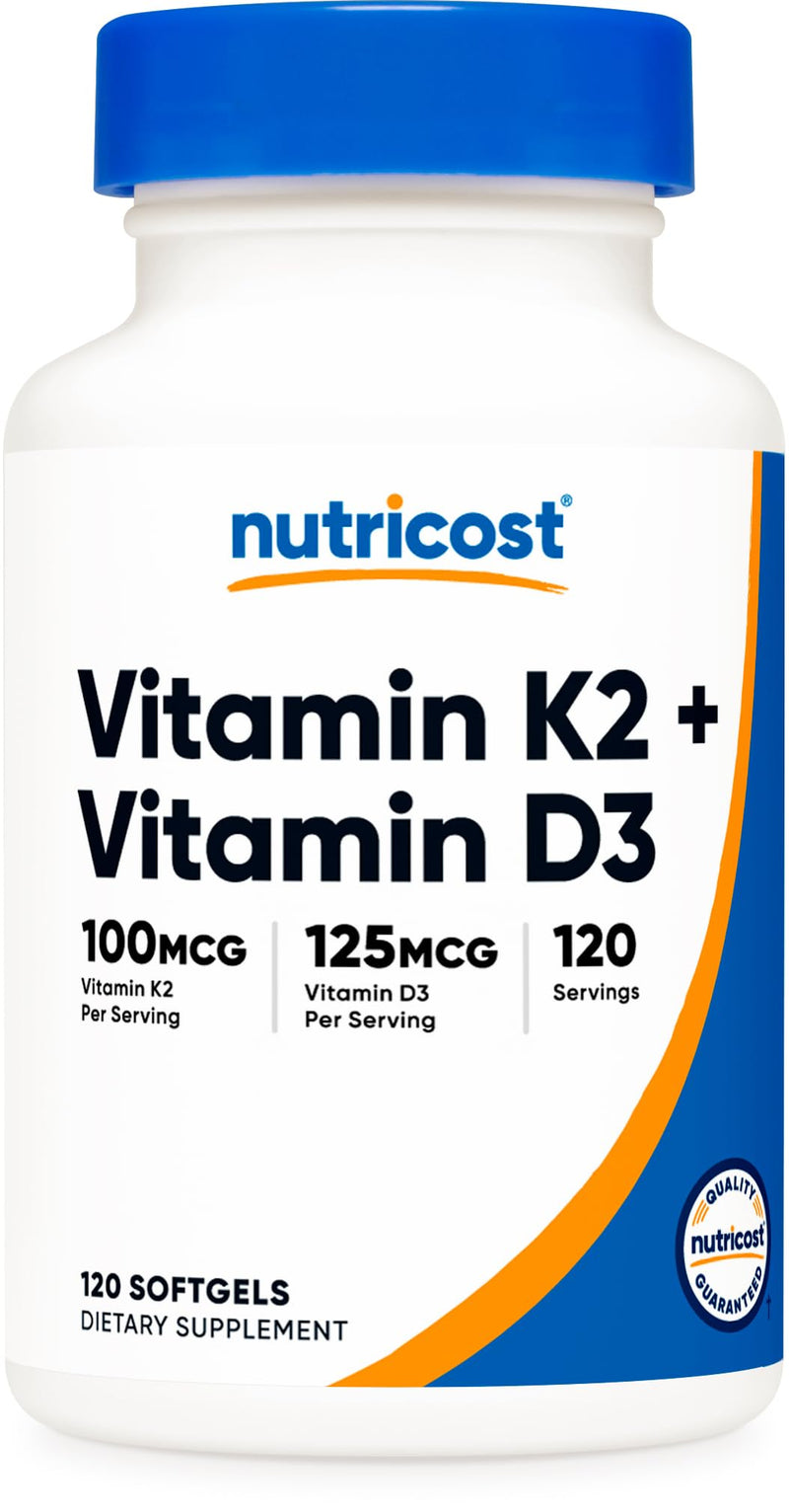 Nutricost Vitamin K2 (MK7) (100mcg) + Vitamin D3 (5000 IU) 120 Softgels - Gluten Free and Non-GMO Unflavored 120 Count (Pack of 1) - BeesActive Australia