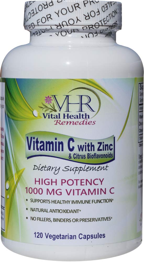 VHR Vitamin C 1,000 MG with ZINC & Citrus BIOFLAVONOIDS Preservative-Free High Potency Antioxidant Formula for Healthy Immune Support!(120) 1 Count (Pack of 120)