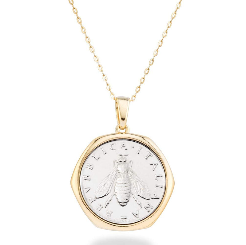 Miabella 18K Gold over Sterling Silver Italian Genuine 2-Lira Bee Coin Pendant Necklace for Women 18 Inch Chain, Gold Medallion Necklace Made in Italy - BeesActive Australia